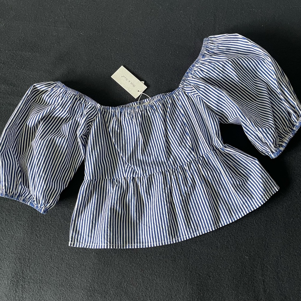 Sim & Sam Junior Top Puff Sleeve Blue & White Stripes Size Medium Crop Cotton